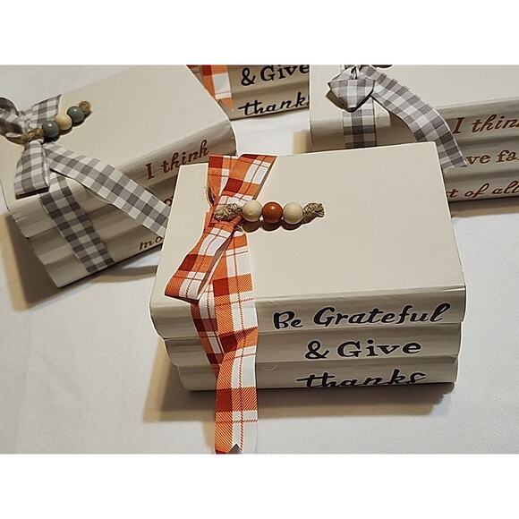 Set of 4 Stacked Faux Book Farmhouse Fall Decor Ribbon Wrapped Beads 5.75x4x3" - Picture 2 of 7